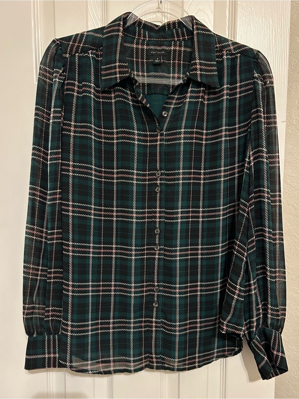 Ann Taylor Dark Green Plaid Button-Down Shirt